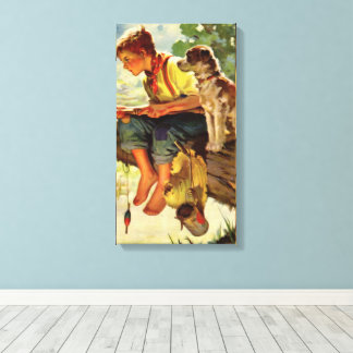 Vintage Fishing, Boy with His Puppy and Worms Canvas Print
