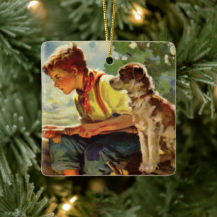 Vintage Fishing, Boy with His Puppy and Worms Ceramic Ornament
