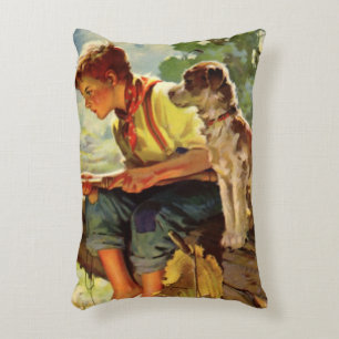 Vintage Fishing, Boy with His Puppy and Worms Decorative Cushion