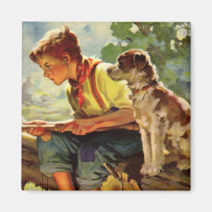 Vintage Fishing, Boy with His Puppy and Worms Magnet