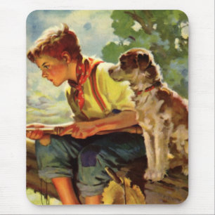 Vintage Fishing, Boy with His Puppy and Worms Mouse Mat