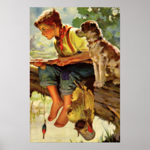 Vintage Fishing, Boy with His Puppy and Worms Poster