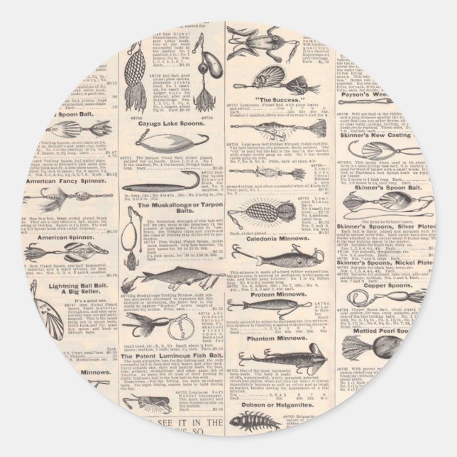 Vintage Fishing Lures: Antique 1900s Fisherman Classic Round Sticker (Front)
