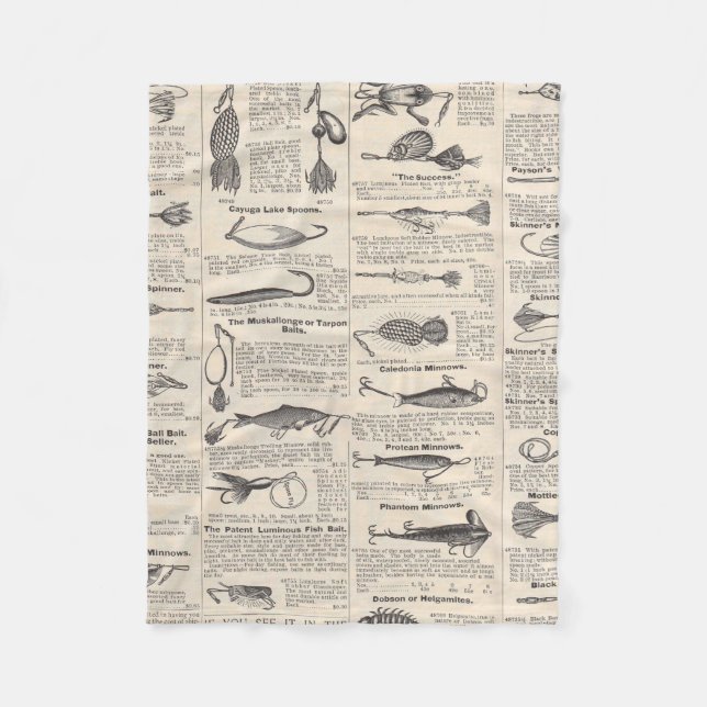 Vintage Fishing Lures: Antique 1900s Fisherman Fleece Blanket (Front)