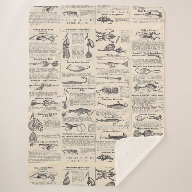 Vintage Fishing Lures: Antique 1900s Fisherman Sherpa Blanket (Front)