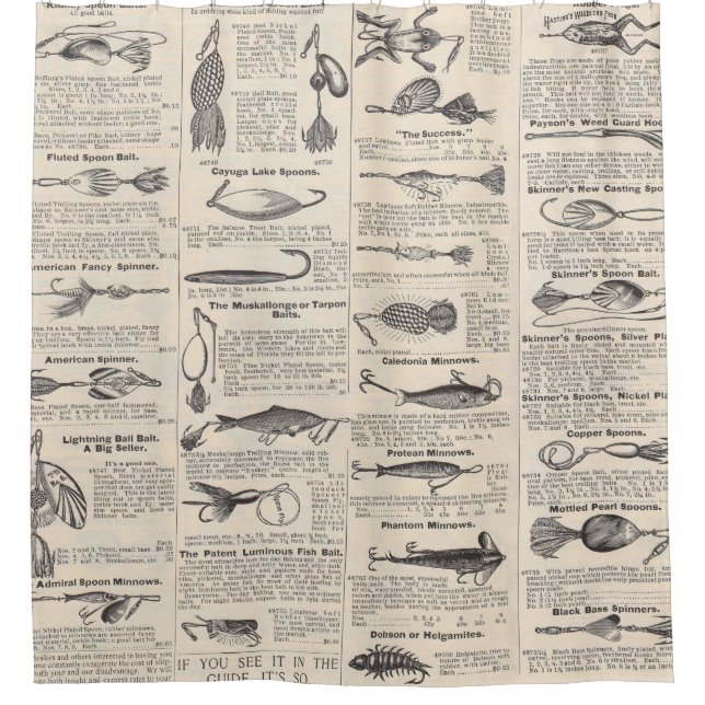 Vintage Fishing Lures: Antique 1900s Fisherman Shower Curtain (Front)