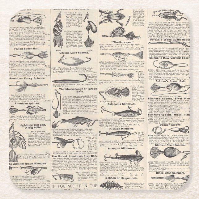 Vintage Fishing Lures: Antique 1900s Fisherman Square Paper Coaster (Front)