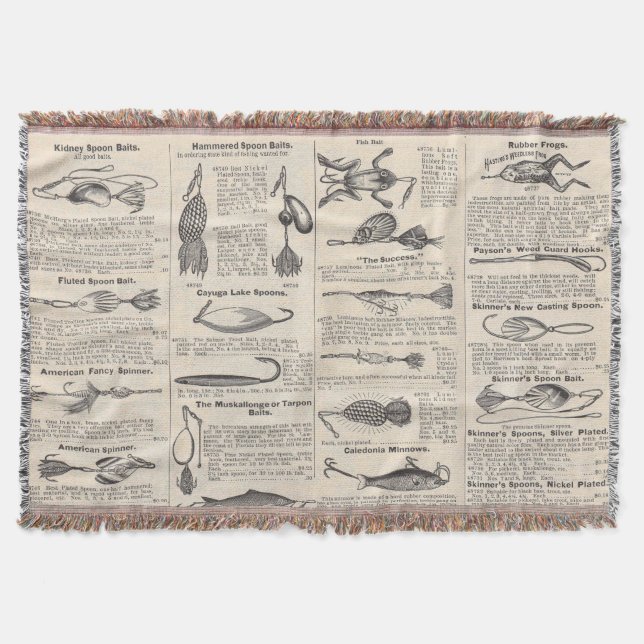 Vintage Fishing Lures: Antique 1900s Fisherman Throw Blanket (Front)