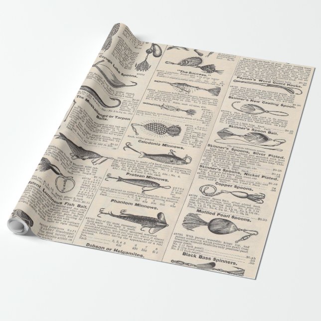 Vintage Fishing Lures: Antique 1900s Fisherman Wrapping Paper (Unrolled)