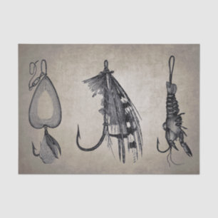 Vintage Fishing Lures on Sepia Decoupage Tissue Paper