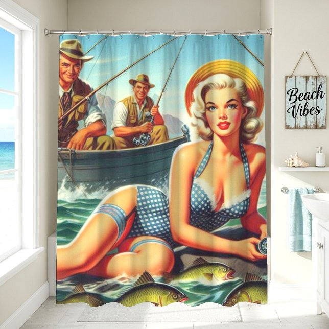 Vintage Fishing Pin Up Shower Curtain (Creator Uploaded)