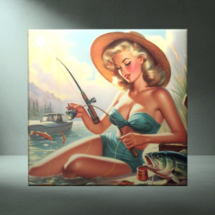 Vintage Fishing Pin Up Tile