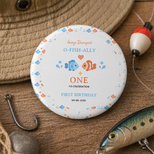 Vintage Fishing Rod O-Fish-Ally One 1st Birthday 3 Cm Round Badge