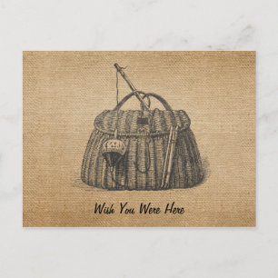 Vintage Fishing Tackle Box Burlap Postcard