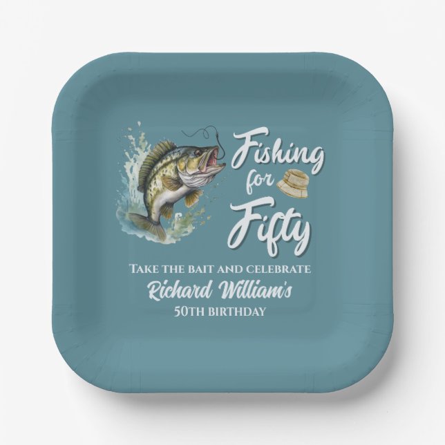 Vintage Fishing Themed 50th Birthday Party Paper Plate (Front)