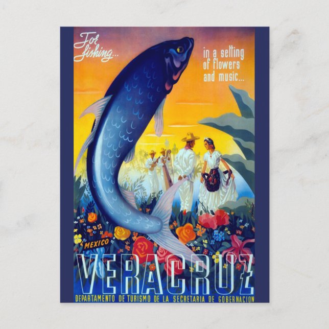 Vintage Fishing Vera Cruz Mexican Travel Tourism Postcard (Front)
