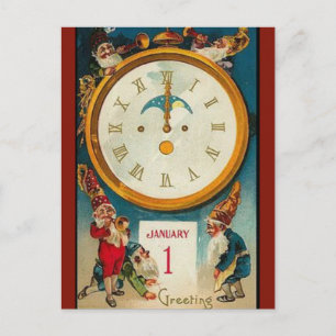 Vintage Five Elves Around a Clock Happy New Year Postcard