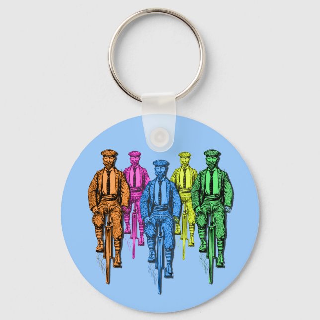 Vintage Five Fellas on Bikes Illustration Key Ring (Front)
