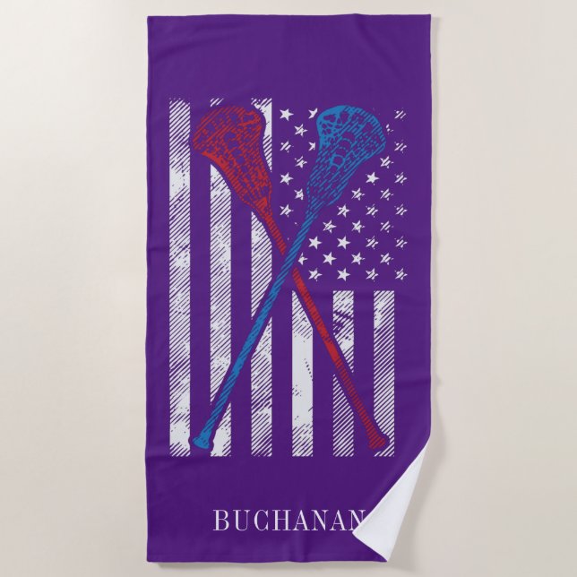 Vintage Flag and Lacrosse Bats Personalised Beach Towel (Front)