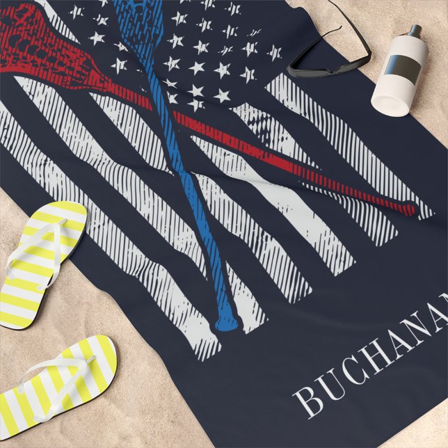 Vintage Flag and Lacrosse Bats Personalised Beach Towel (Creator Uploaded)
