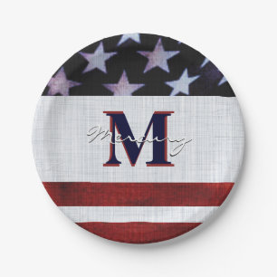  Vintage Flag Patriotic July 4th Custom Monogram 1 Paper Plate