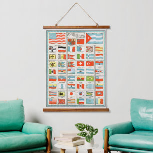 Vintage Flags Of All Nations Educational Poster Hanging Tapestry