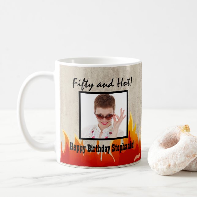 Vintage Flames Personalised 50th Birthday Party Coffee Mug (With Donut)
