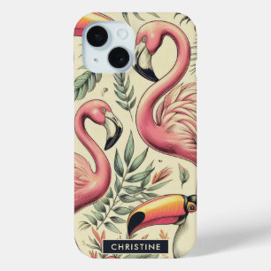 Vintage Flamingo and Toucan Seamless iPhone 15 Case