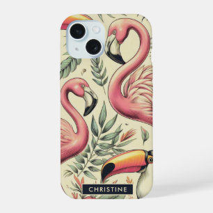 Vintage Flamingo and Toucan Seamless iPhone 15 Case