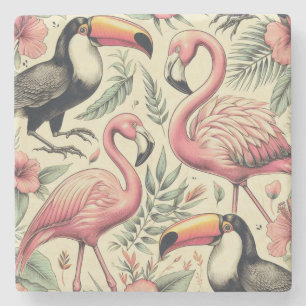 Vintage Flamingo and Toucan Seamless Stone Coaster