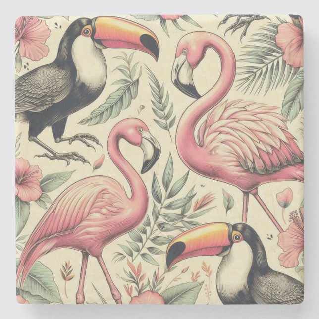 Vintage Flamingo and Toucan Seamless Stone Coaster (Front)