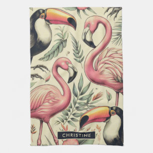 Vintage Flamingo and Toucan Seamless Tea Towel
