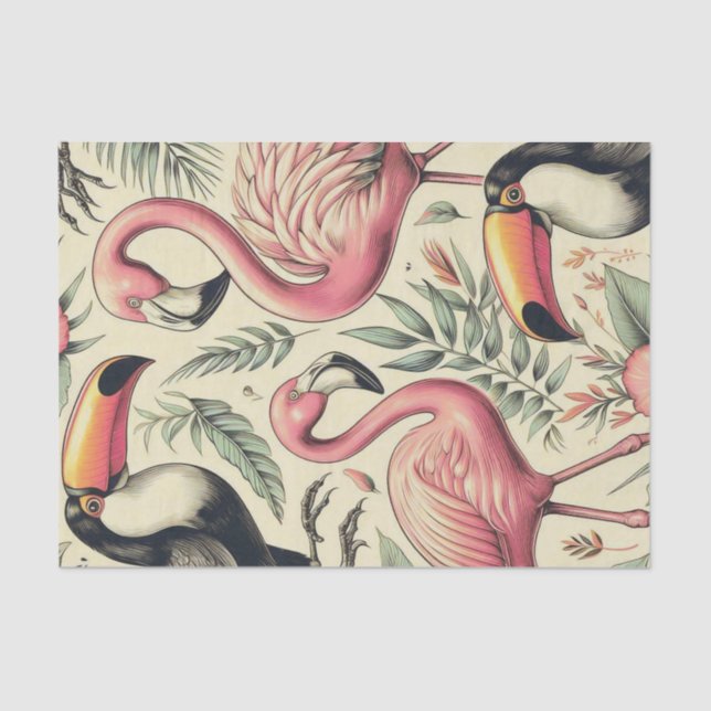 Vintage Flamingo and Toucan Seamless Tissue Paper (Front)