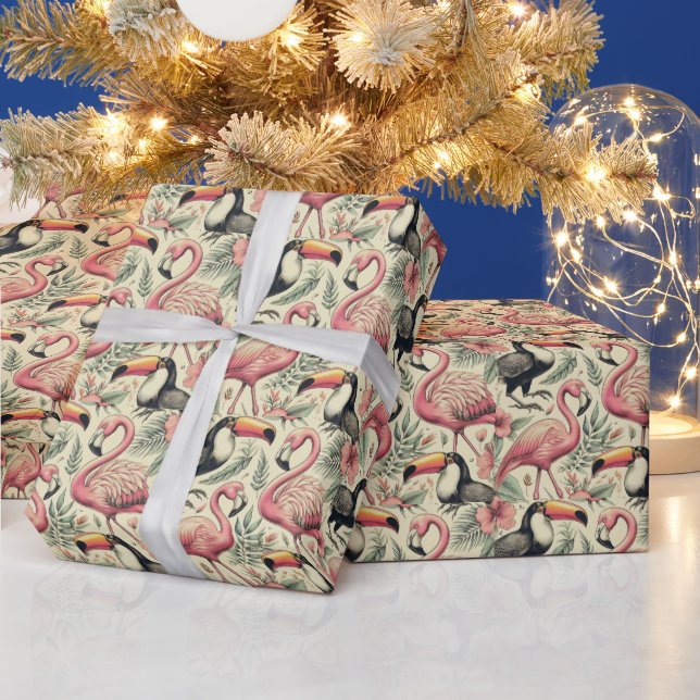 Vintage Flamingo and Toucan Seamless Wrapping Paper (Holidays)