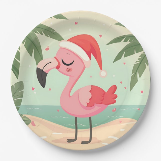 Vintage Flamingo Christmas in July Beachmas Paper Plate (Front)