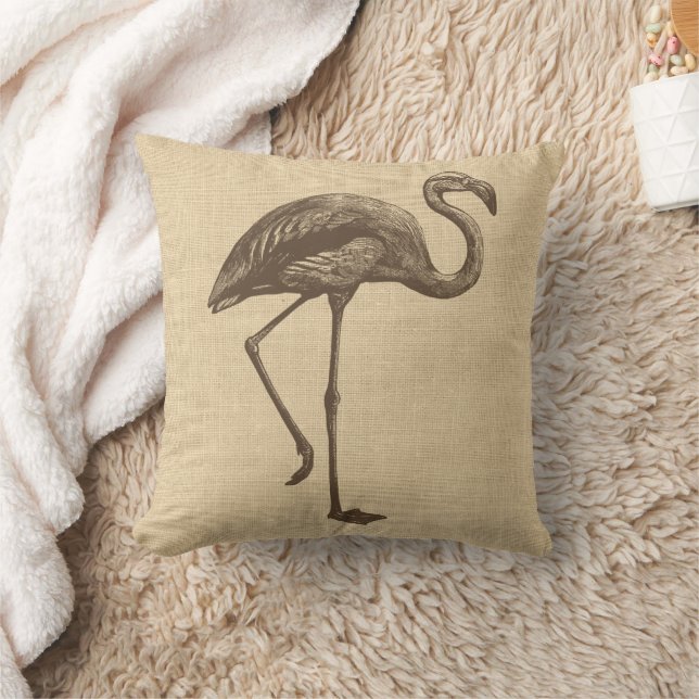 Vintage Flamingo Illustration on Burlap Cushion (Blanket)