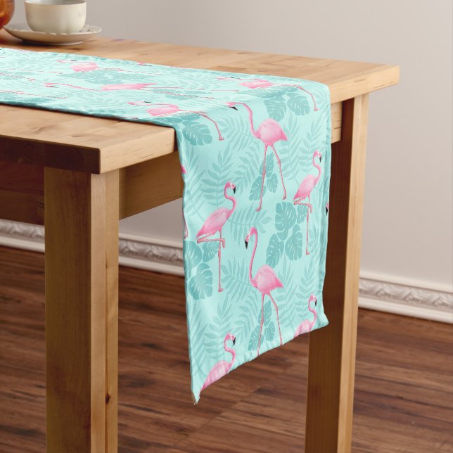 Vintage Flamingo Light Blue Long Table Runner (In Situ)