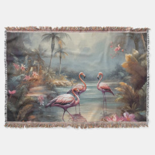 Vintage Flamingo Tropical Lagoon Florida Art Throw Blanket