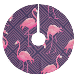 Vintage flamingos, purple geometric background. brushed polyester tree skirt