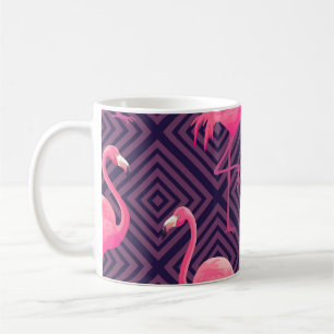 Vintage flamingos, purple geometric background. coffee mug