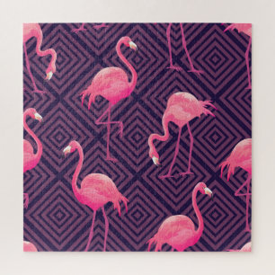 Vintage flamingos, purple geometric background. jigsaw puzzle