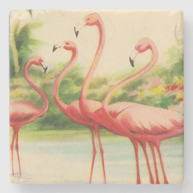 Vintage Flamingos Stone Coaster (Front)