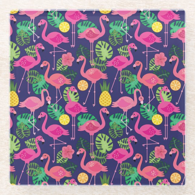 Vintage flamingos, summer elements pattern glass coaster (Front)