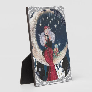 Vintage Flapper Art Deco Woman on Crescent Moon Plaque