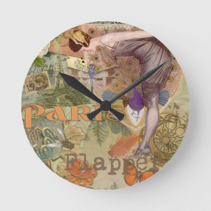 Vintage Flapper Peacock Paris Lady Round Clock