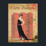 Vintage Flapper Woman in Black Dress Floral French Postcard<br><div class="desc">Vintage Flapper Woman in Black Dress Floral French Postcard</div>