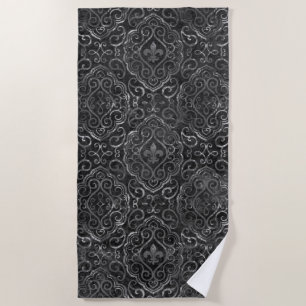 Vintage Fleur de Lis   Black Silver Grunge Damask Beach Towel
