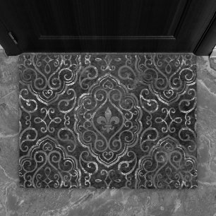 Vintage Fleur de Lis   Black Silver Grunge Damask Doormat