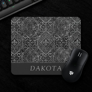 Vintage Fleur de Lis   Black Silver Grunge Damask Mouse Mat