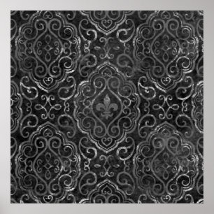 Vintage Fleur de Lis   Black Silver Grunge Damask Poster
